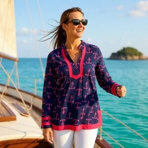 Escapada Holly Border Tunic Top Pink Navy Blue Anchor Print Casual Womens Medium